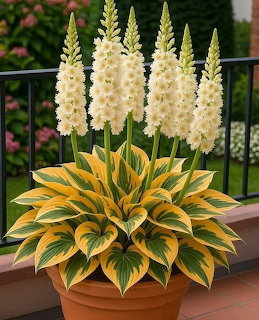 Variegated hosta plant with white flower spikes in a terracotta pot outdoors