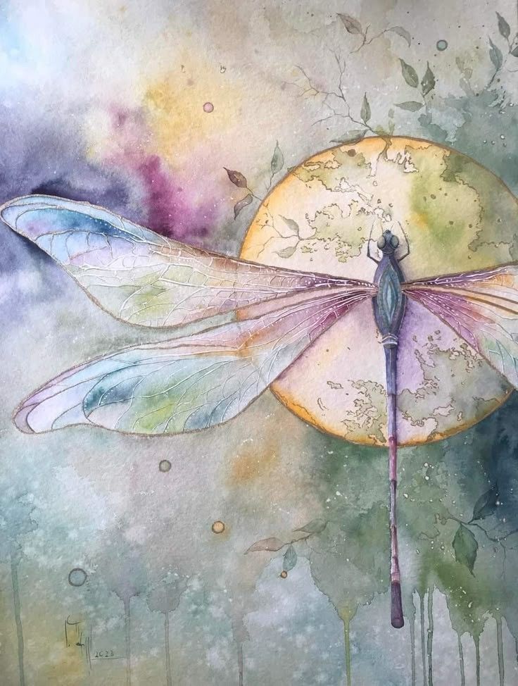 Watercolor painting of a dragonfly with translucent wings