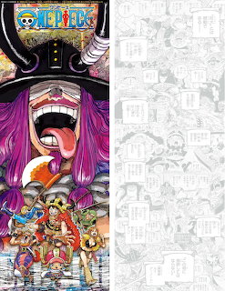One Piece anime illustration with Big Mom and Straw Hat pirates next to manga panel sketches
