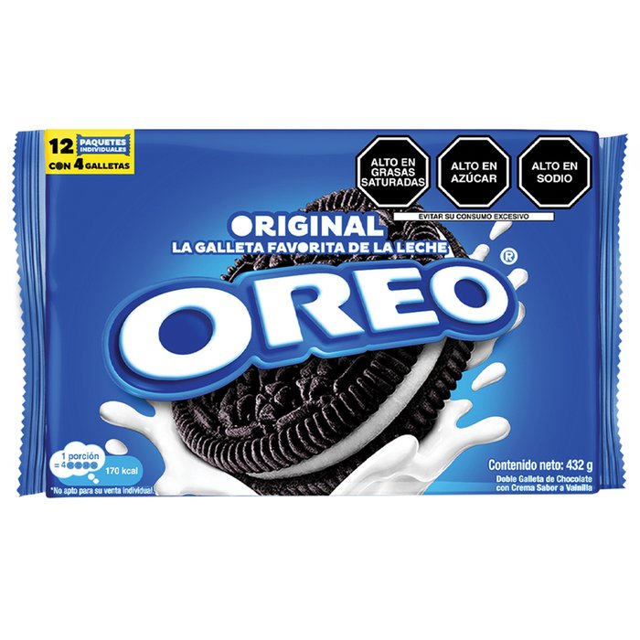 Blue Oreo cookie package with a large sandwich cookie and milk splashes