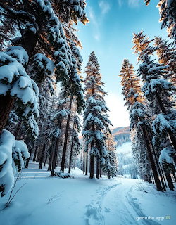 Snow-covered pine trees lining a trail through a winter forest with blue sky above