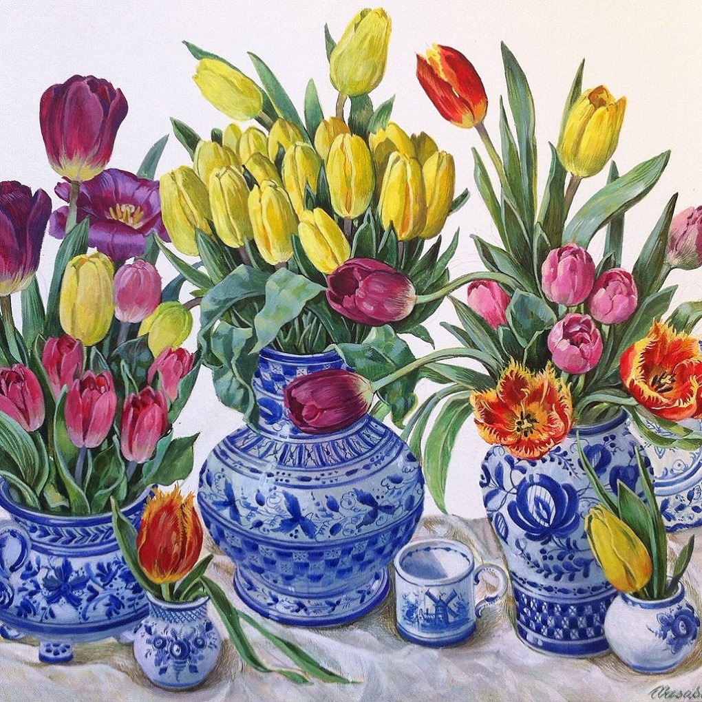 Watercolor painting of spring tulips in various colors displayed in ornate blue and white ceramic vases