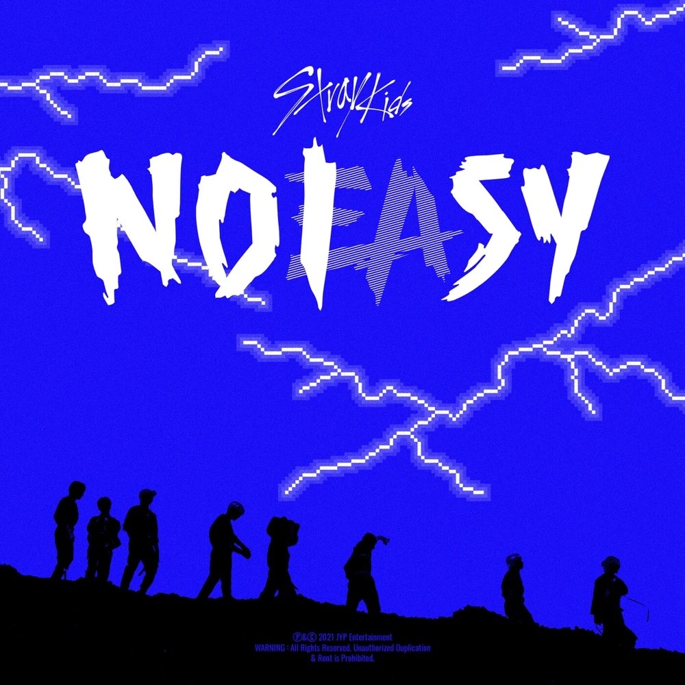 NOEASY text in white on vivid blue background with lightning and silhouettes of people