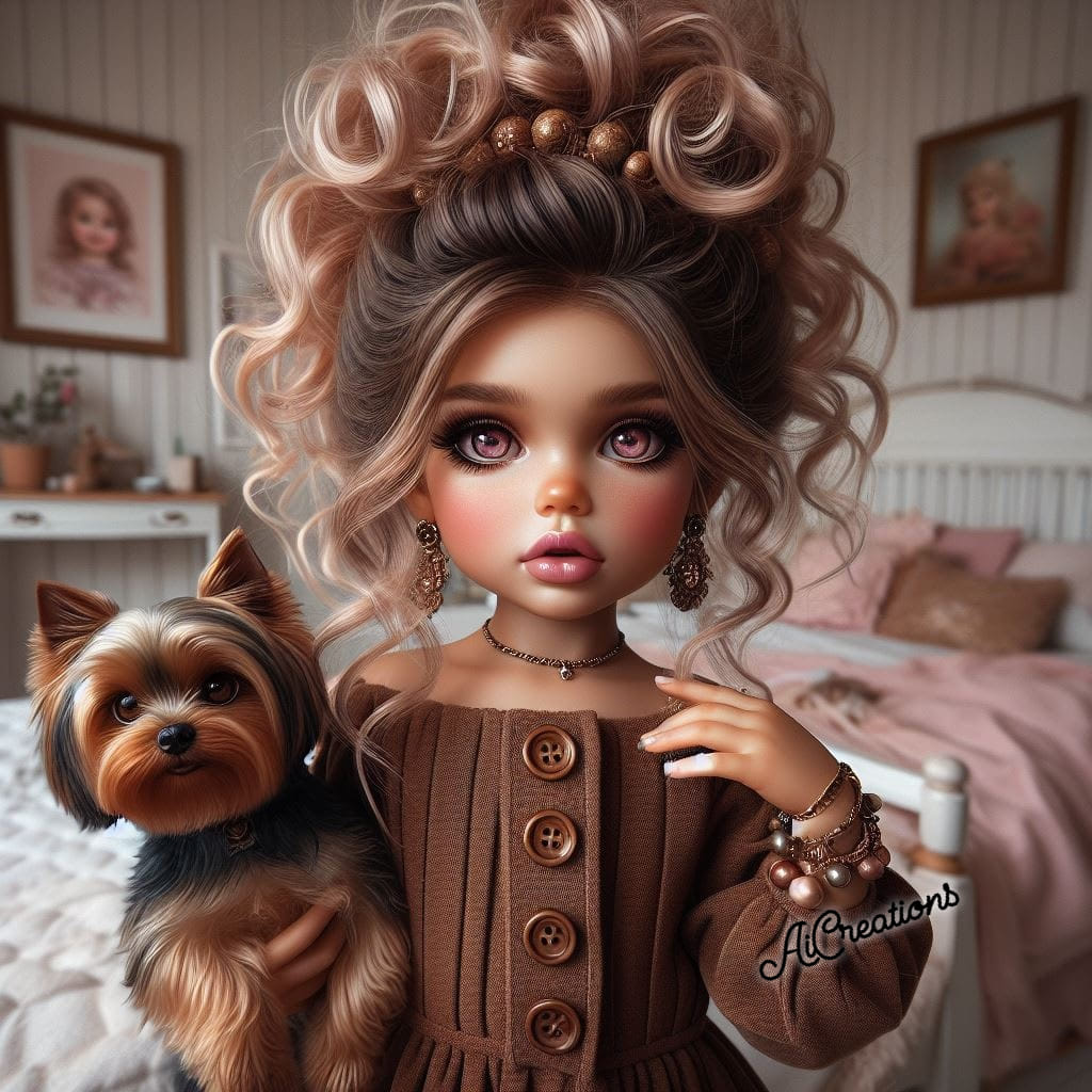 Stylized big-eyed girl with curly hair beside a Yorkshire terrier in a pink bedroom