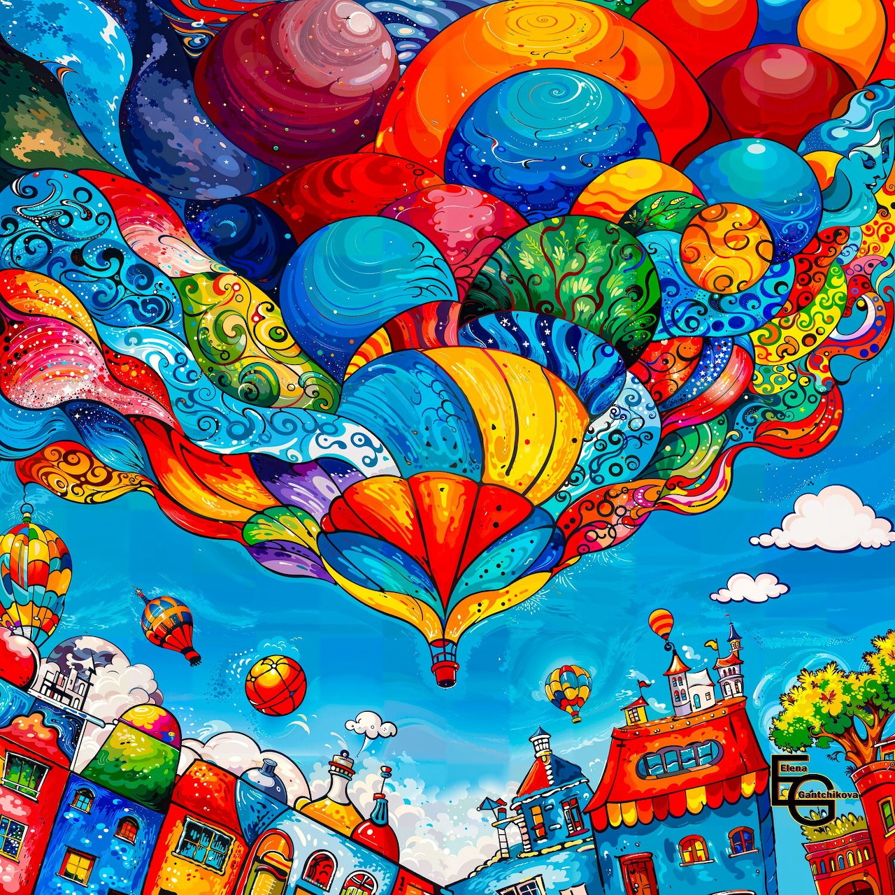 Colorful painting of hot air balloons and decorated spheres floating above whimsical buildings with intricate patterns