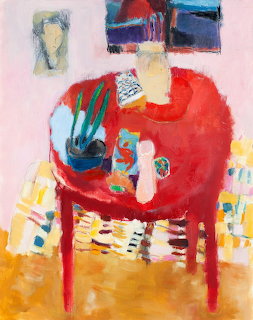 Abstract painting of red round table with blue vase, flowers, and colorful objects in an interior setting