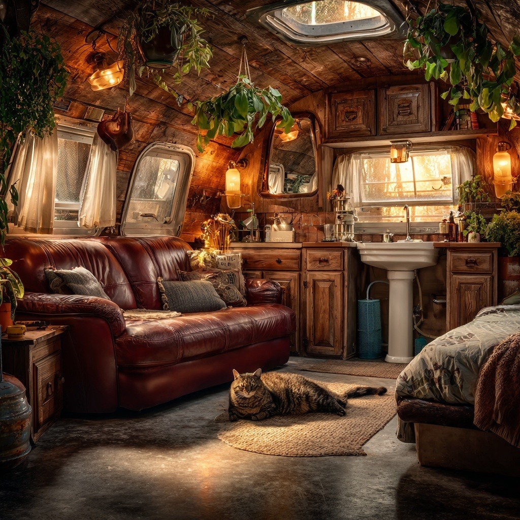 Cozy rustic living room with leather furniture, wooden ceiling beams, hanging plants, and warm glowing lights