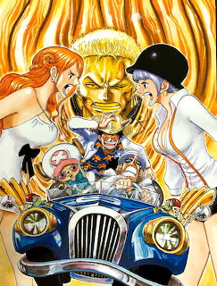 One Piece anime characters in blue vintage car with golden lion ornament