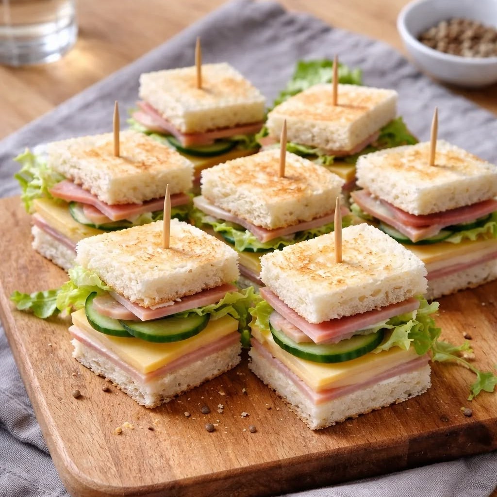 Mini layered tea sandwiches on a wooden board with toothpicks
