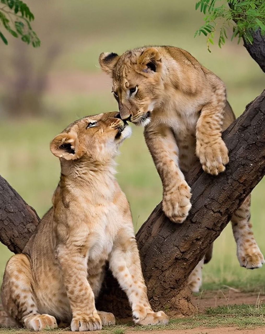 Two lion cubs nuzzling near a tree trunk in the African savanna