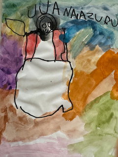 Children's watercolor painting of a figure in white dress on colorful background with handwritten text