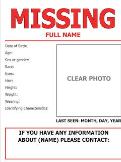 Blank missing person flyer template with fields for name, date of birth, age, race, eyes, hair, height, weight and photo placeholder