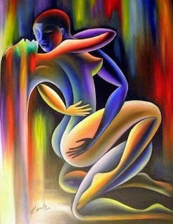 Abstract art of embracing couple in rainbow gradient colors with vertical striped background