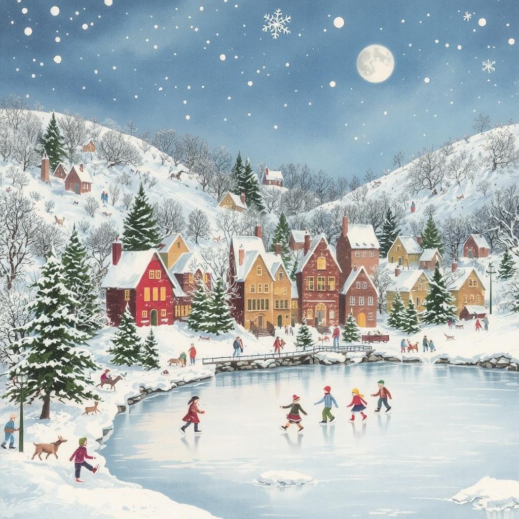 Winter village with people skating on frozen pond, snow-covered cottages and evergreen trees under moonlit sky