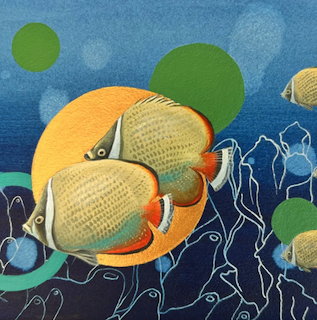 Two stylized tropical fish in a blue abstract underwater scene