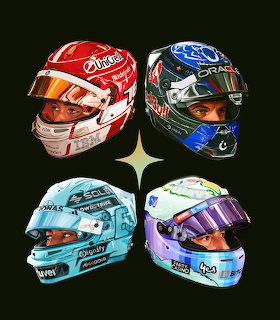 Display of multiple Formula 1 racing helmets with colorful team designs