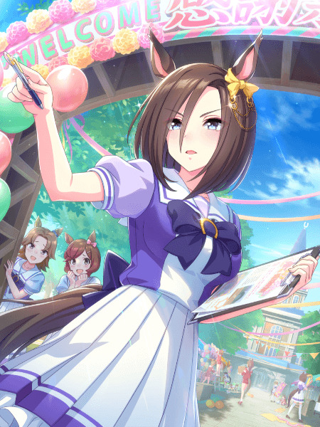 Anime girl with horse ears in blue and white outfit holding cotton candy at a festive outdoor event