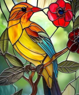 Stained glass art showing a yellow bird on a branch with red flowers and leaves