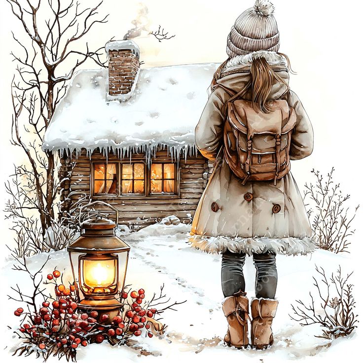 Child in winter coat and boots looking at a snowy cabin with glowing windows and a lantern in the snow
