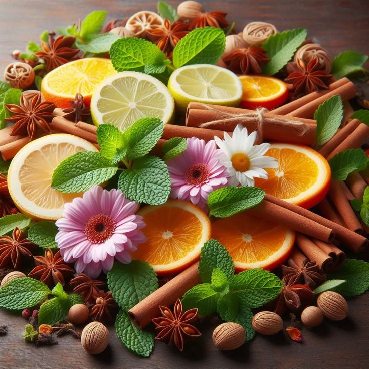 Colorful arrangement of citrus slices, herbs, spices, nuts, and flowers on wood