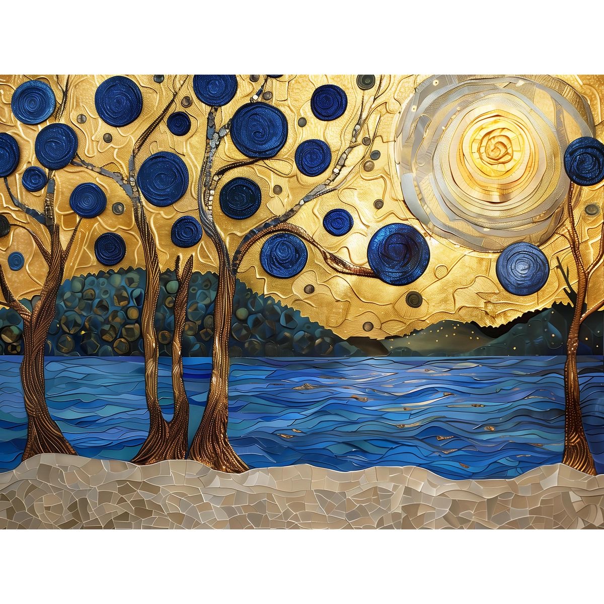 Abstract painting of trees by water under golden sky with blue circles and spiral moon