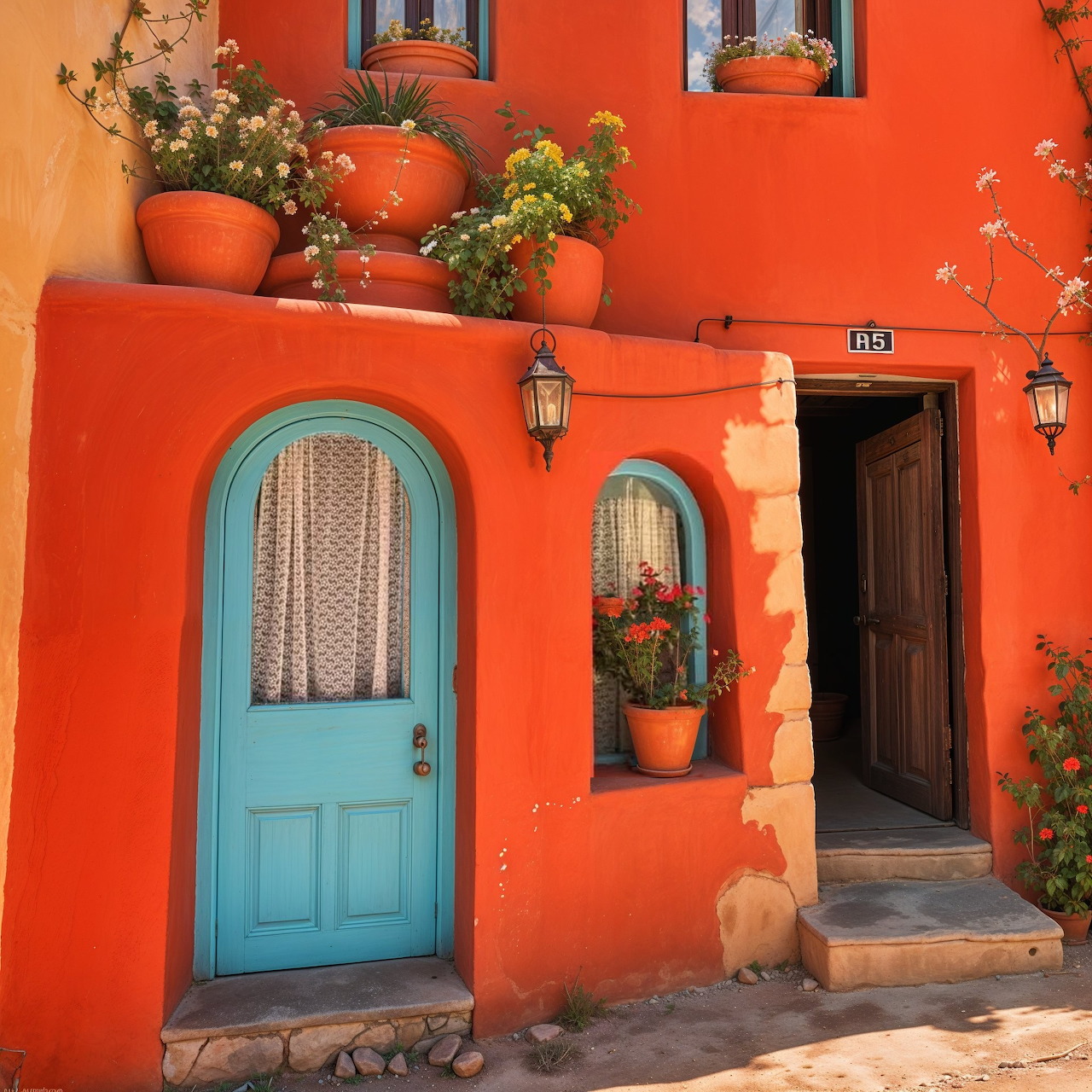 Red adobe house with turquoise arched door and terracotta planters