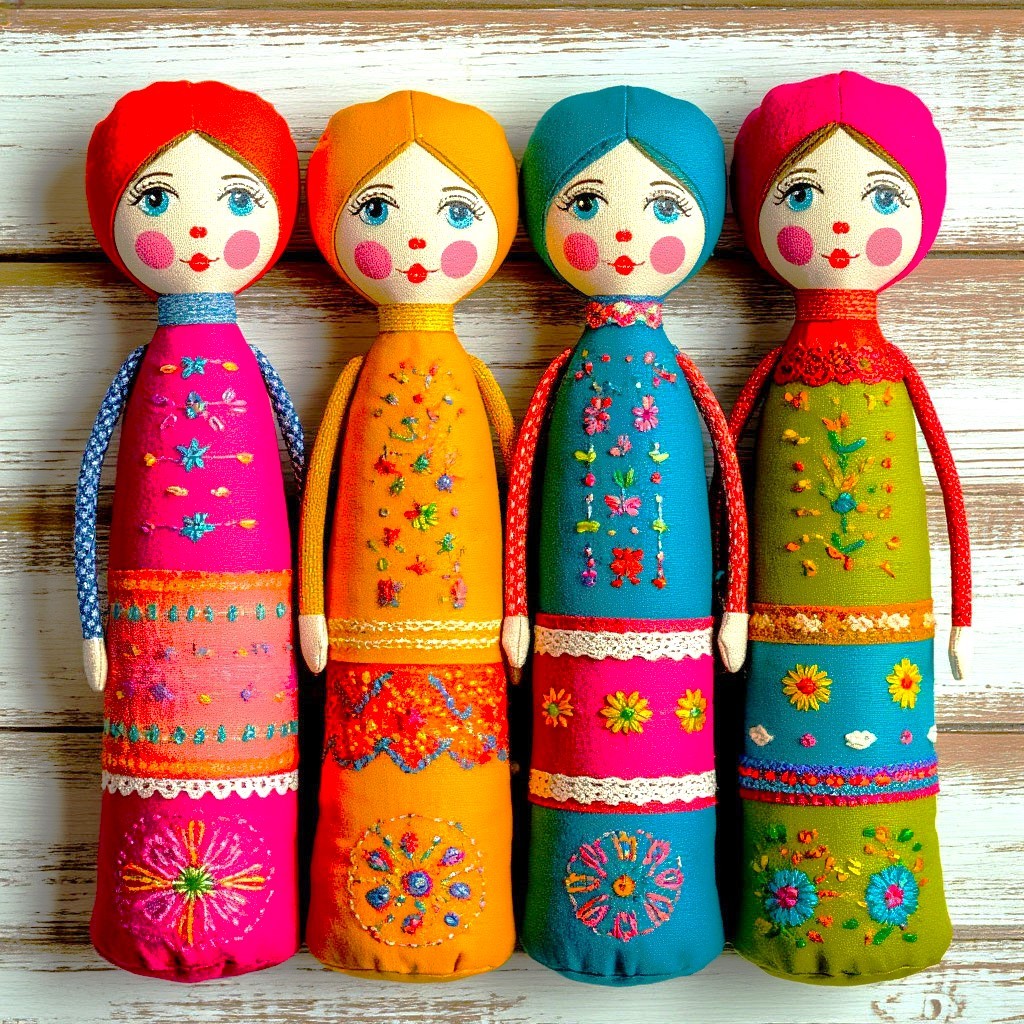 Four handmade cloth dolls with bright embroidered patterns in red, orange, teal, and pink on weathered wood