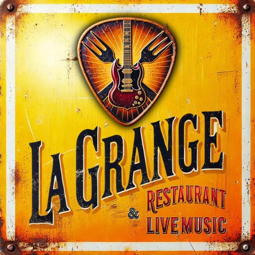 Retro metal sign for La Grange restaurant with guitar illustration and live music text on weathered orange background