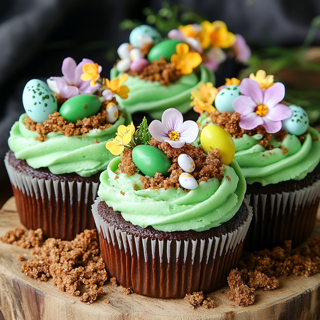 Chocolate cupcakes with green swirl frosting decorated with pastel sugar flowers, speckled candy eggs, and brown crumb topping