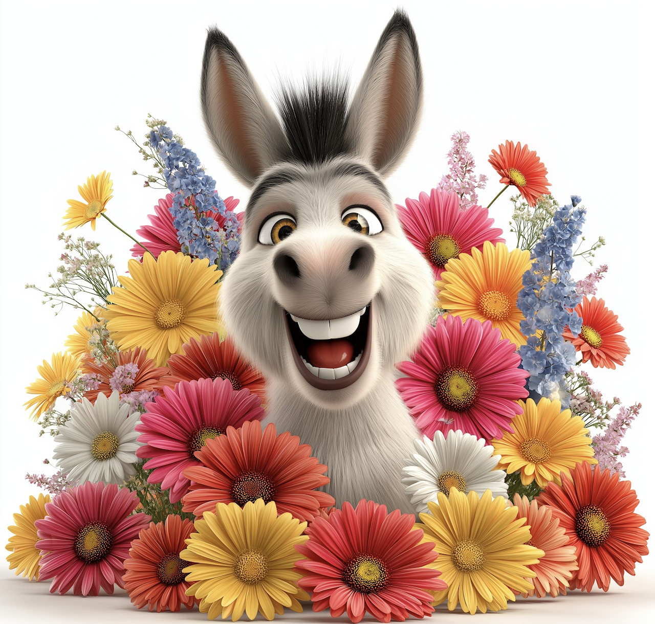 Smiling donkey surrounded by colorful flowers on a white background
