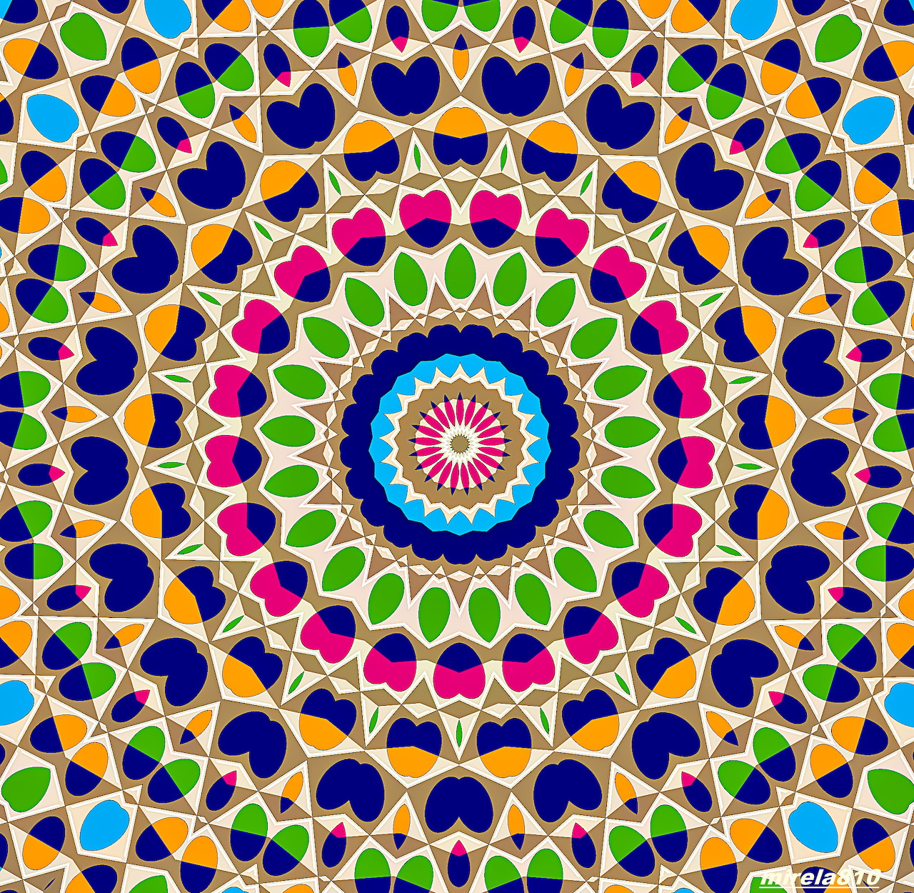 Colorful geometric mandala with radial symmetry in blue, green, magenta, and orange on cream background