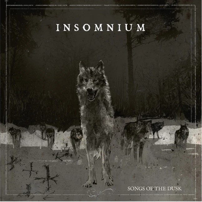 Wolf standing in foggy forest graveyard with pack in background, dark moody atmosphere