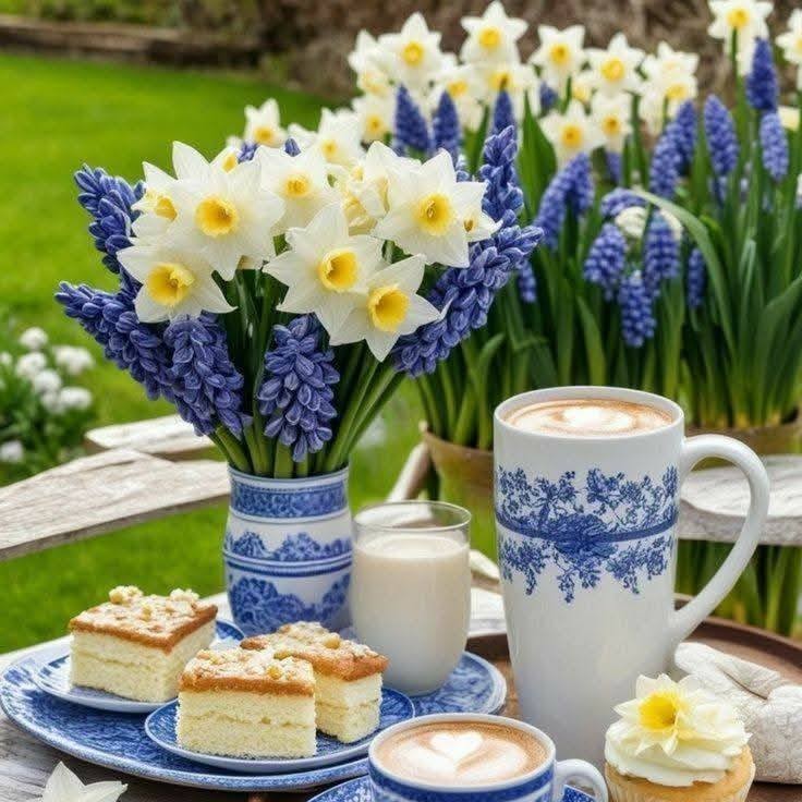 Coffee mug with blue floral pattern, spring flowers in vase, and desserts on outdoor table