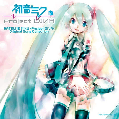 Anime-style Hatsune Miku with long turquoise twin tails and teal outfit on a pastel background