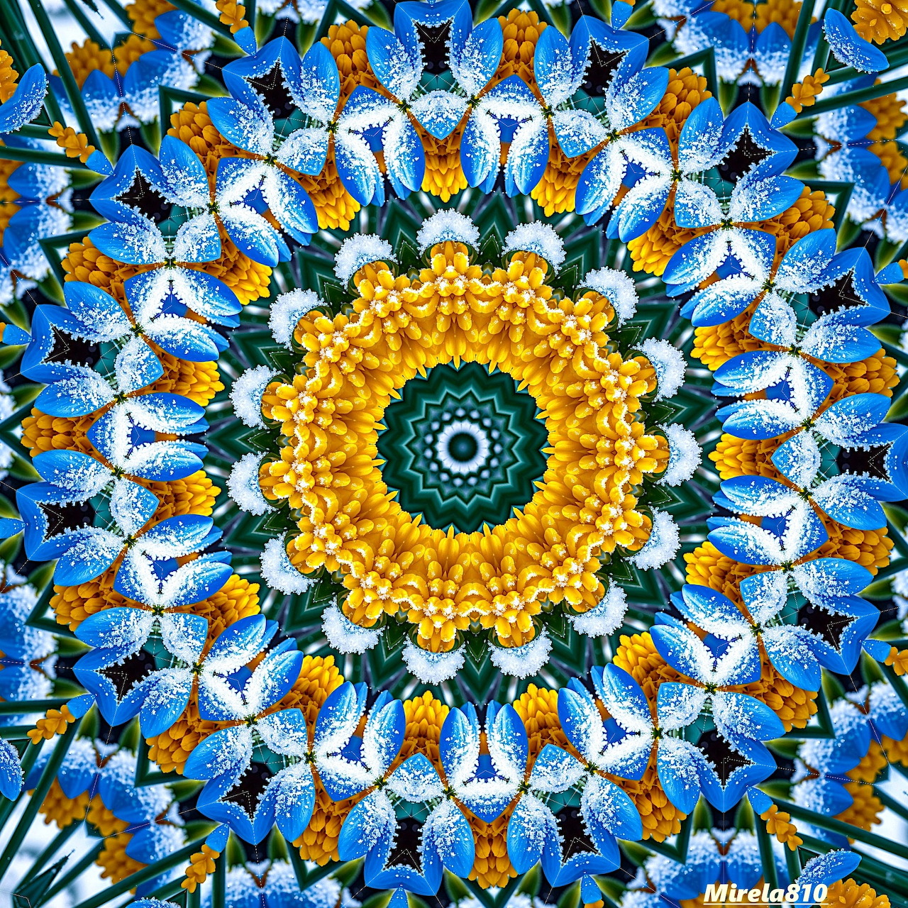 Symmetrical mandala pattern with blue butterflies arranged in circular formation around yellow and teal center