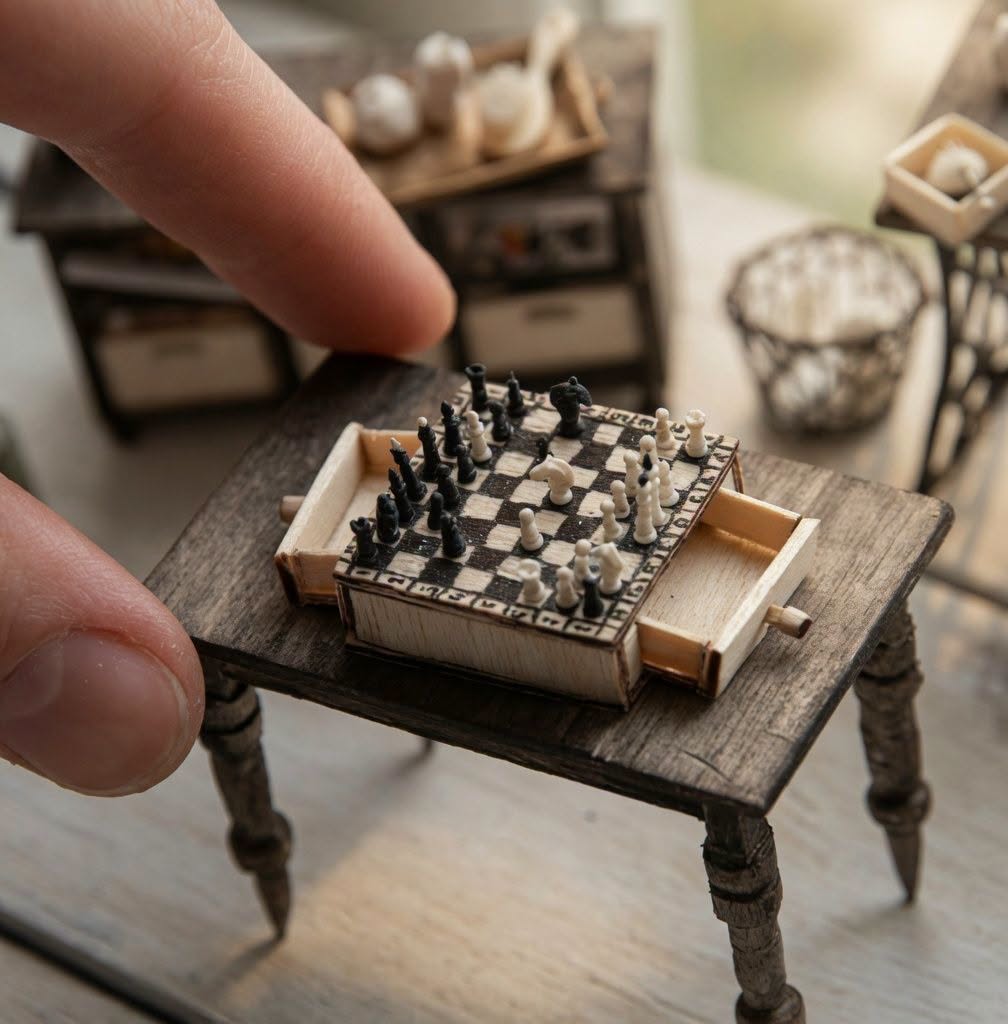 Close-up of a miniature chessboard on a small wooden table with fingers nearby
