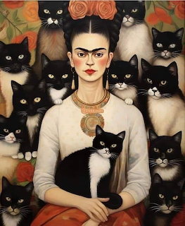 Painting of a woman with roses in her hair surrounded by many black and white cats