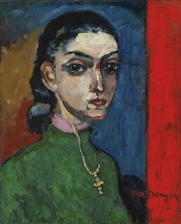 Expressionist portrait of woman in green dress with necklace, bold colors, early 1900s painting style