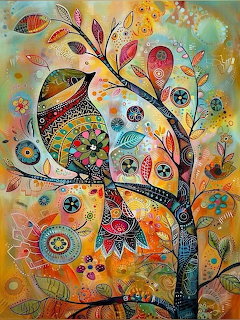 Colorful folk art painting of a decorative bird on a stylized tree with patterned leaves and flowers
