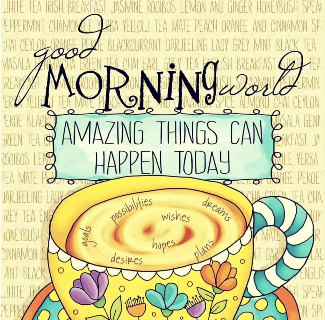 Illustrated coffee cup with good morning message and colorful decorative elements