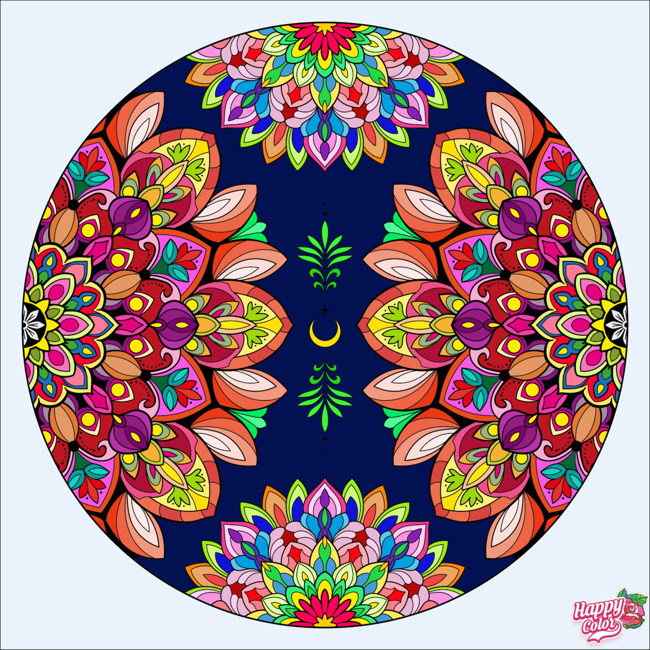 Circular mandala with symmetrical colorful floral patterns radiating from center on dark blue background