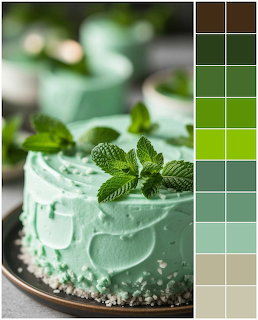 Mint green frosted cake with fresh mint leaves on top, next to a green color swatch palette