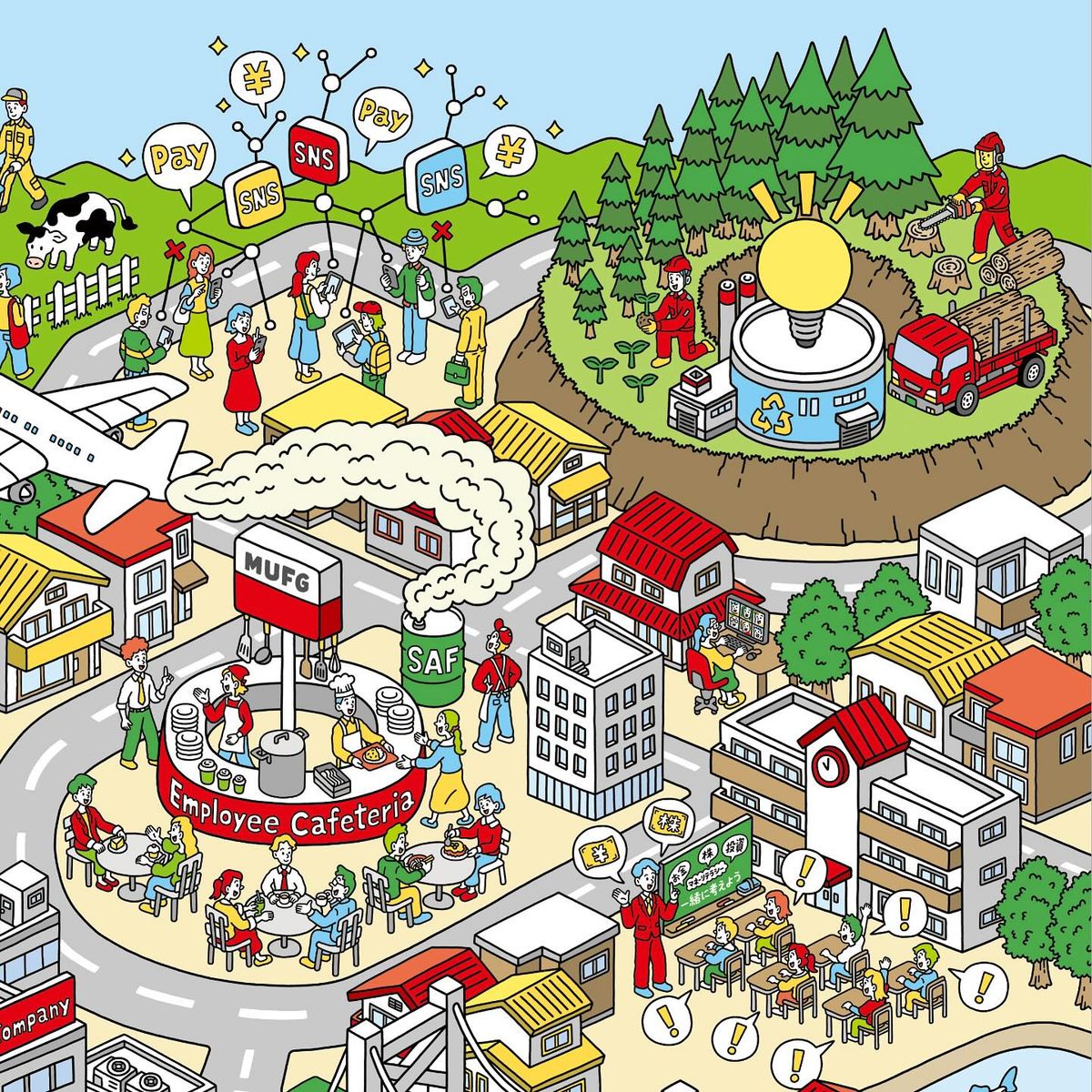 Colorful cartoon town with roads, buildings, people, vehicles, and a hill topped by a giant light bulb