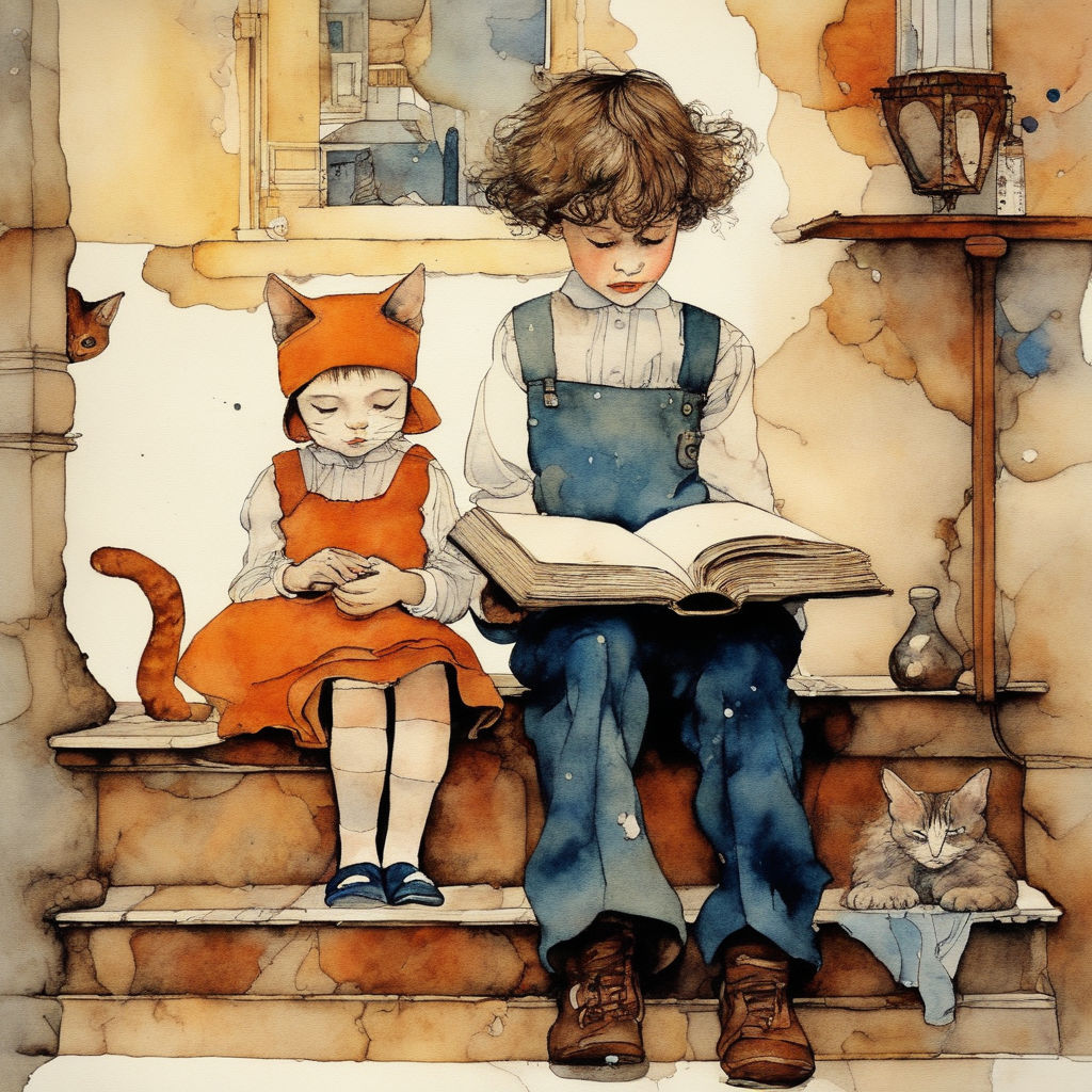 Watercolor painting of boy and girl reading on steps with orange cat and kitten