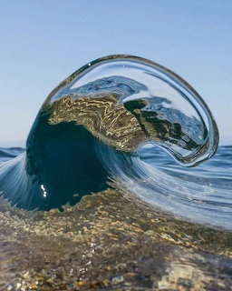 Close-up of a small transparent ocean wave curling over shallow sandy water against a blue sky