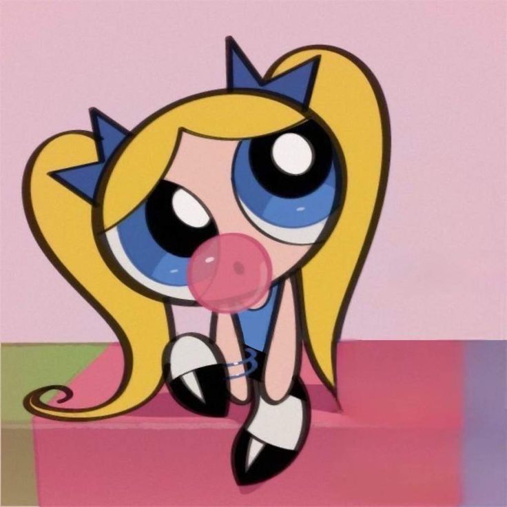 Cartoon blonde girl with pigtails and big blue eyes blowing a pink bubblegum bubble