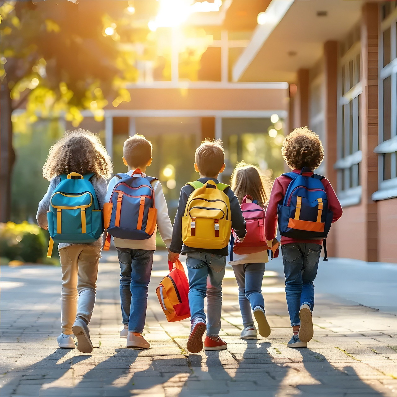 Five children with backpacks walking away toward a school building in warm sunlight