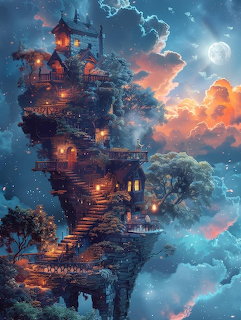 Fantasy castle on floating rocks in clouds with glowing windows at sunset