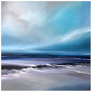 Abstract seascape painting with blue sky, dark ocean horizon, and white waves on gray beach