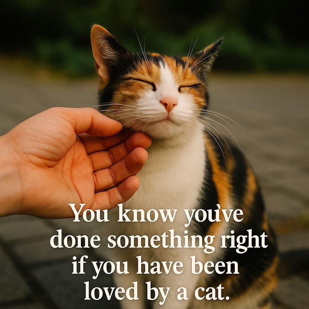 Calico cat being scratched under the chin with white quote text overlaid